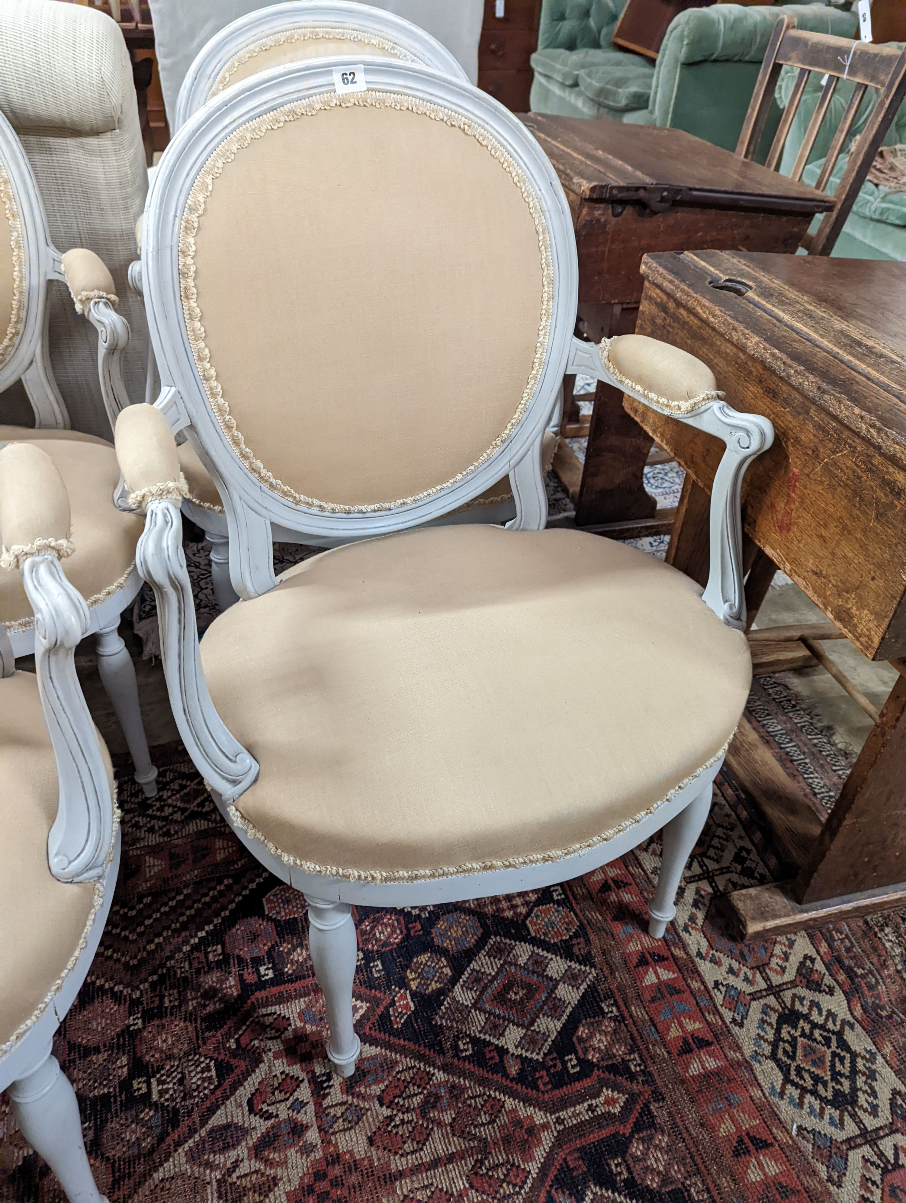 A set of four modern French painted open armchairs, width 60cm, depth 46cm, height 90cm